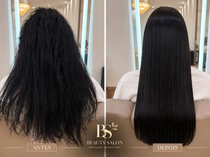 Antes e depois de Botox capilar e alinhamento térmico realizados no Studio Beauty Salon