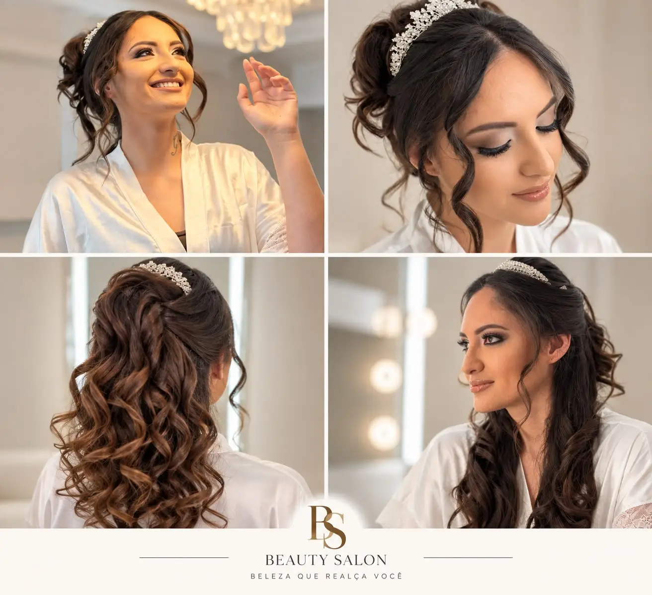 Noiva morena com maquiagem e penteado realizados pelo Studio Beauty Salon