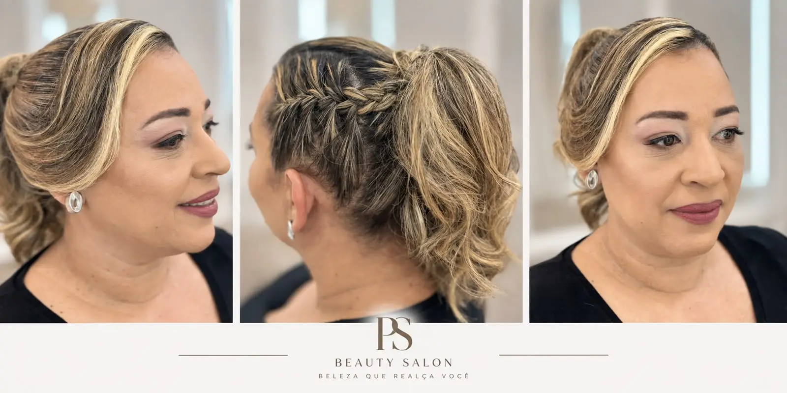 Maquiagem e penteado com trança e rabo de cavalo realizados pelo Studio Beauty Salon
