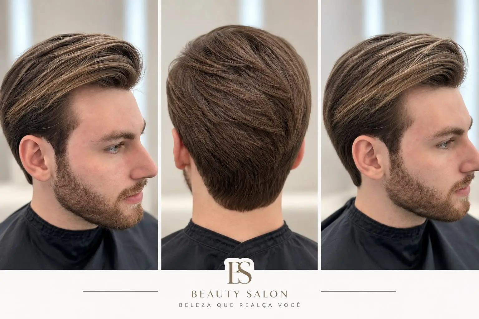 Resultado real de corte e coloração masculina visto de frente, atrás e de perfil