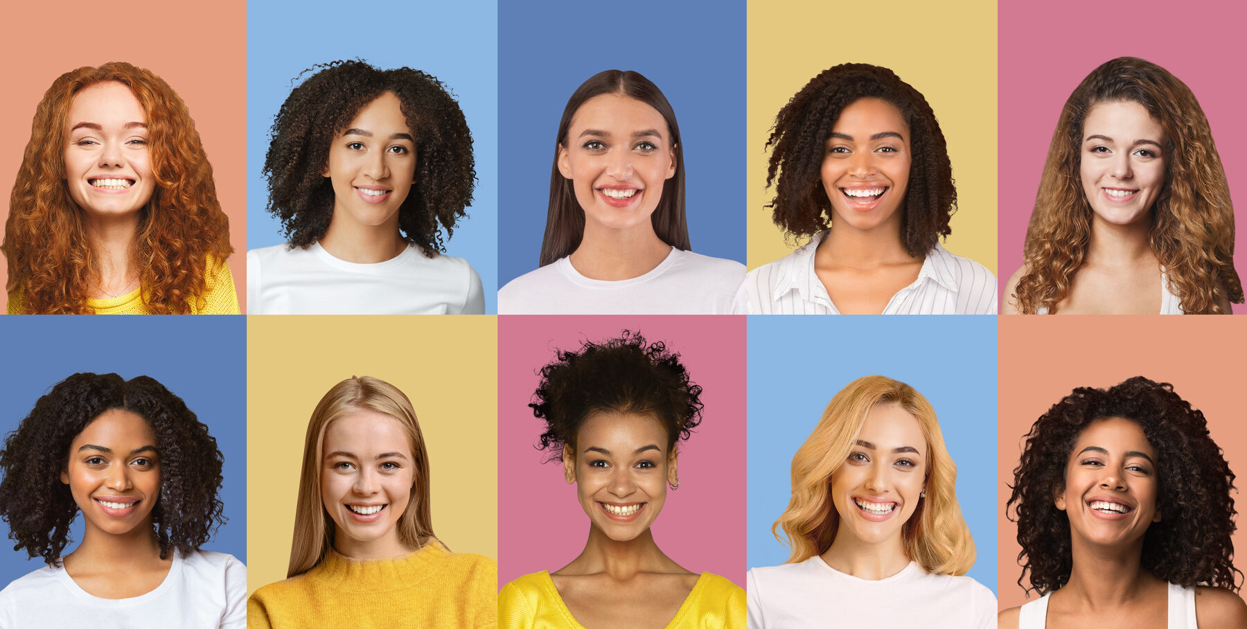 Composição de mulheres com cabelos lisos, ondulados, cacheados e crespos
