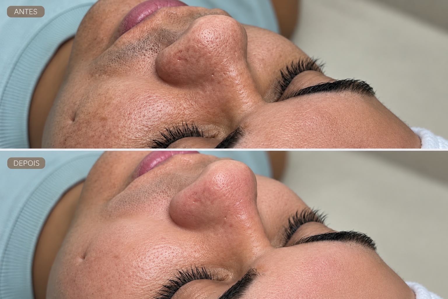 Comparação antes e depois de limpeza de pele realizada no salão