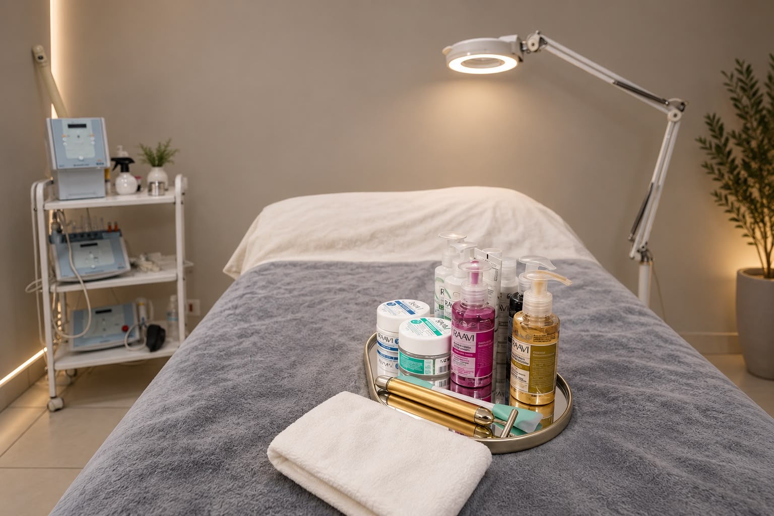 Sala de estética com maca de atendimento, luminária e produtos de cuidado