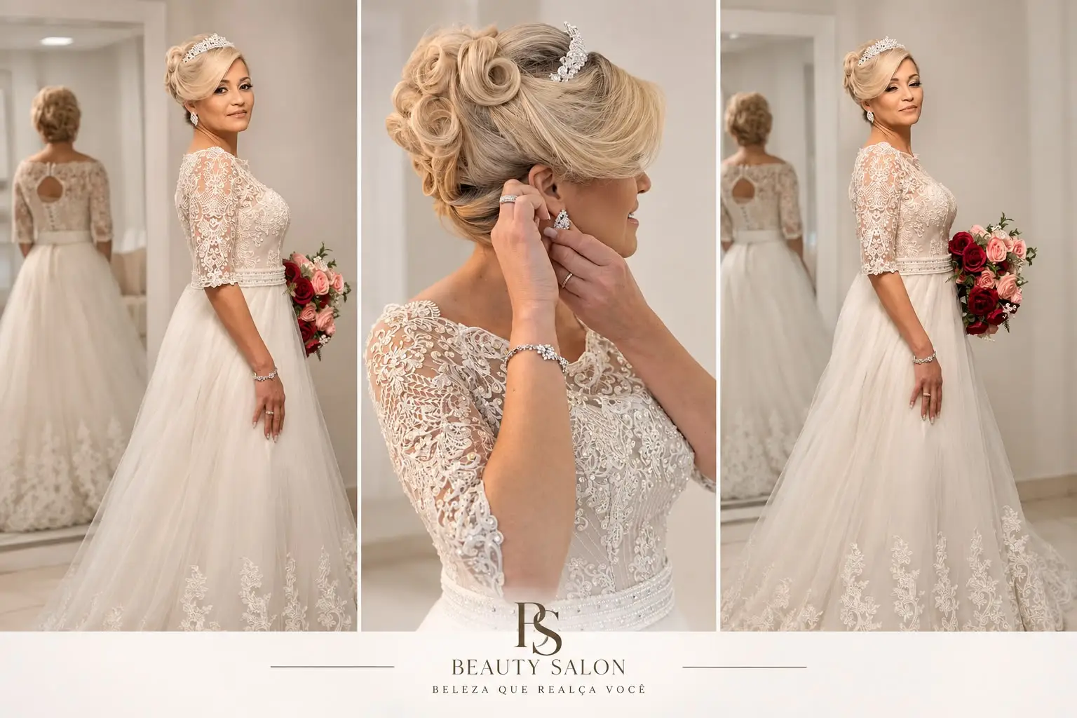 Noiva loira com maquiagem e penteado realizados pelo Studio Beauty Salon